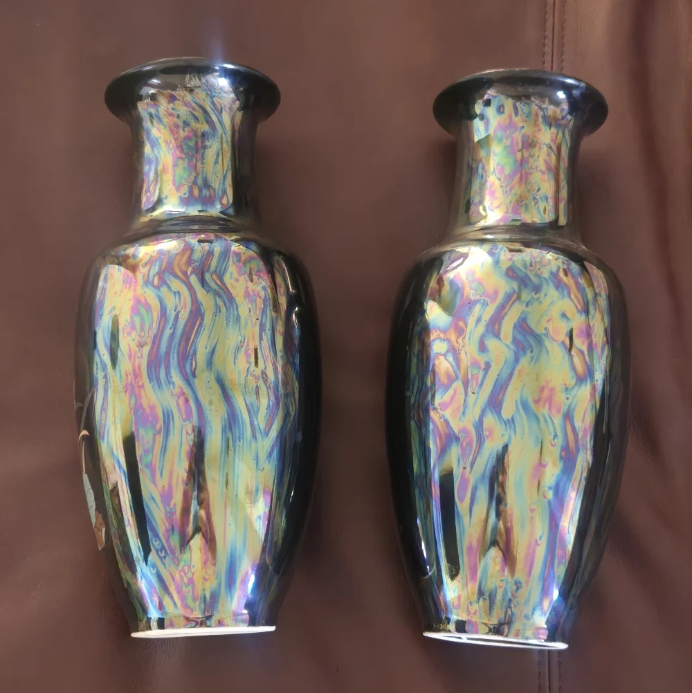 Japanese Pair Of Mid Century Vases Feat. Birds & Water Scene, Iridescent